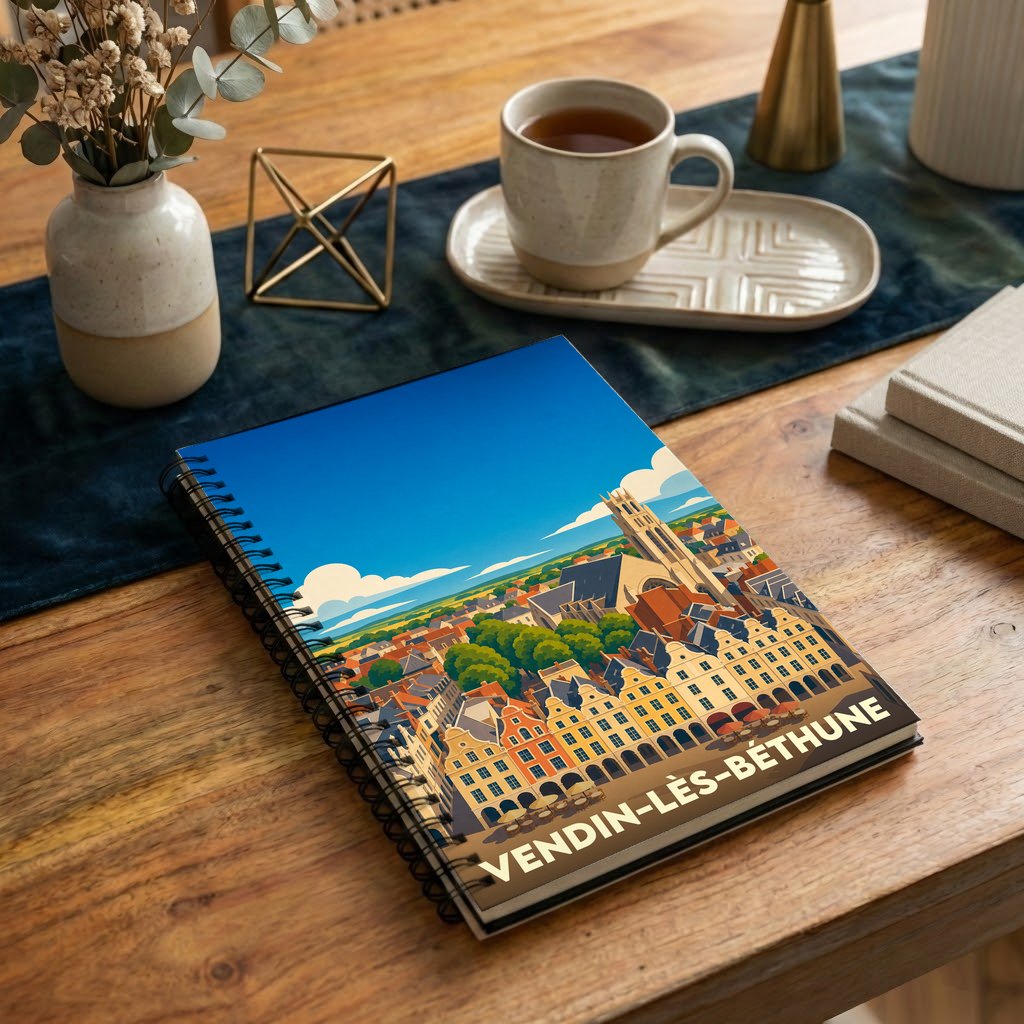 Carnet à spirales souvenir de la ville de Vendin-lès-Béthune avec une illustration stylisée.