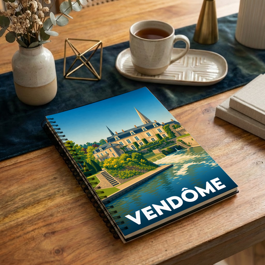 Carnet de notes souvenir de la ville de Vendôme avec une illustration stylisée.