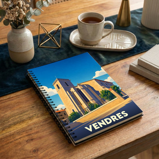 Carnet à spirale souvenir de la ville de Vendres avec une illustration stylisée de son église sous un ciel bleu.