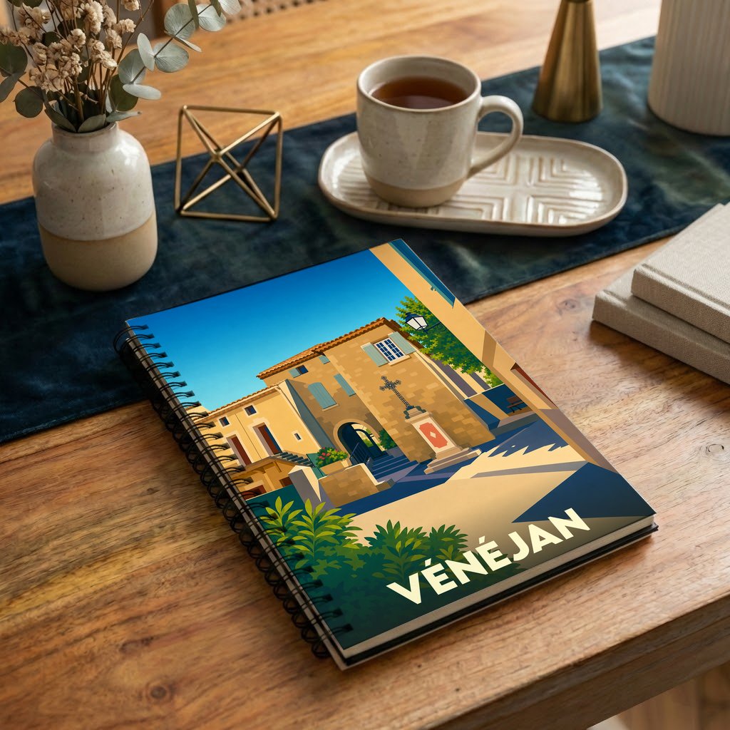 Carnet à spirale souvenir de la ville de Vénéjan avec une illustration stylisée.