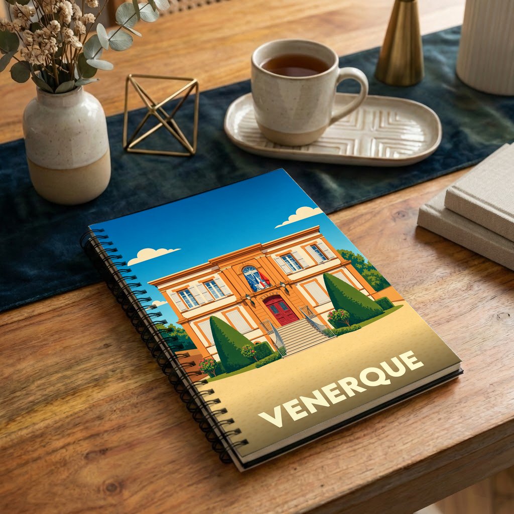 Carnet à spirales souvenir de la ville de Venerque avec une illustration stylisée de sa mairie.