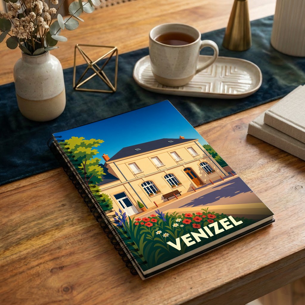Carnet souvenir de la ville de Venizel avec une illustration stylisée d'une maison de maître sous un ciel bleu.