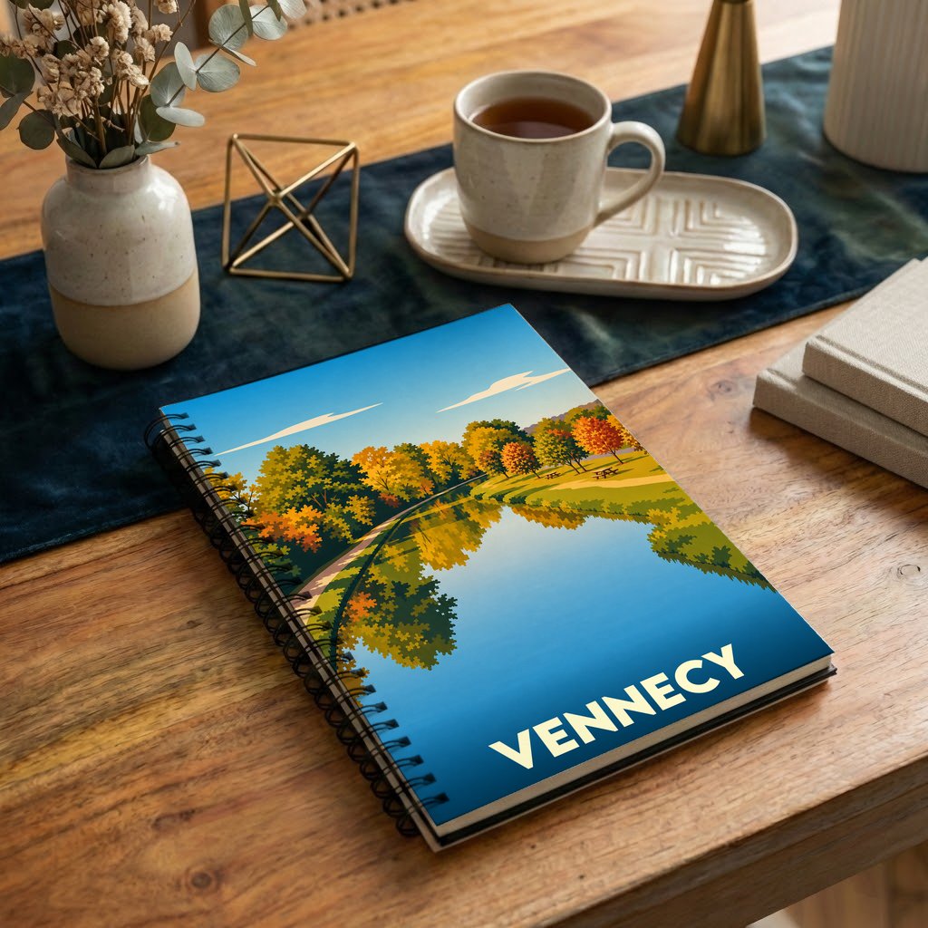 Carnet à spirales souvenir de la ville de Vennecy avec une illustration automnale stylisée.