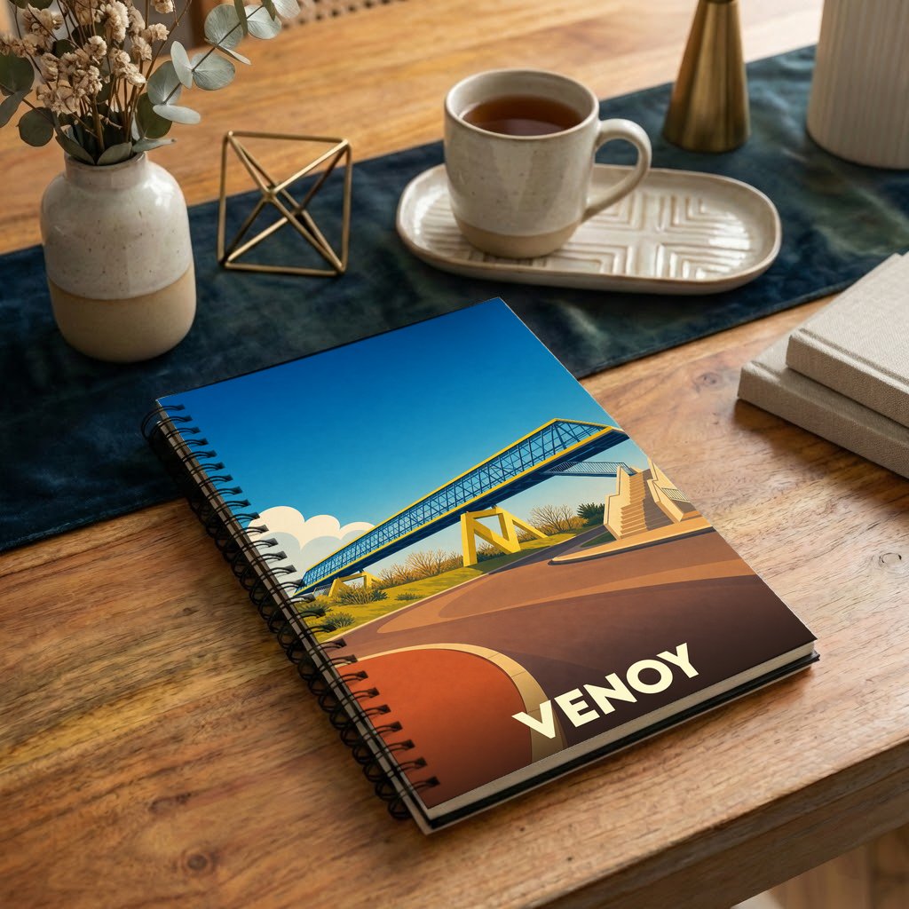 Carnet souvenir de la ville de Venoy orné d'une illustration stylisée d'un pont moderne.
