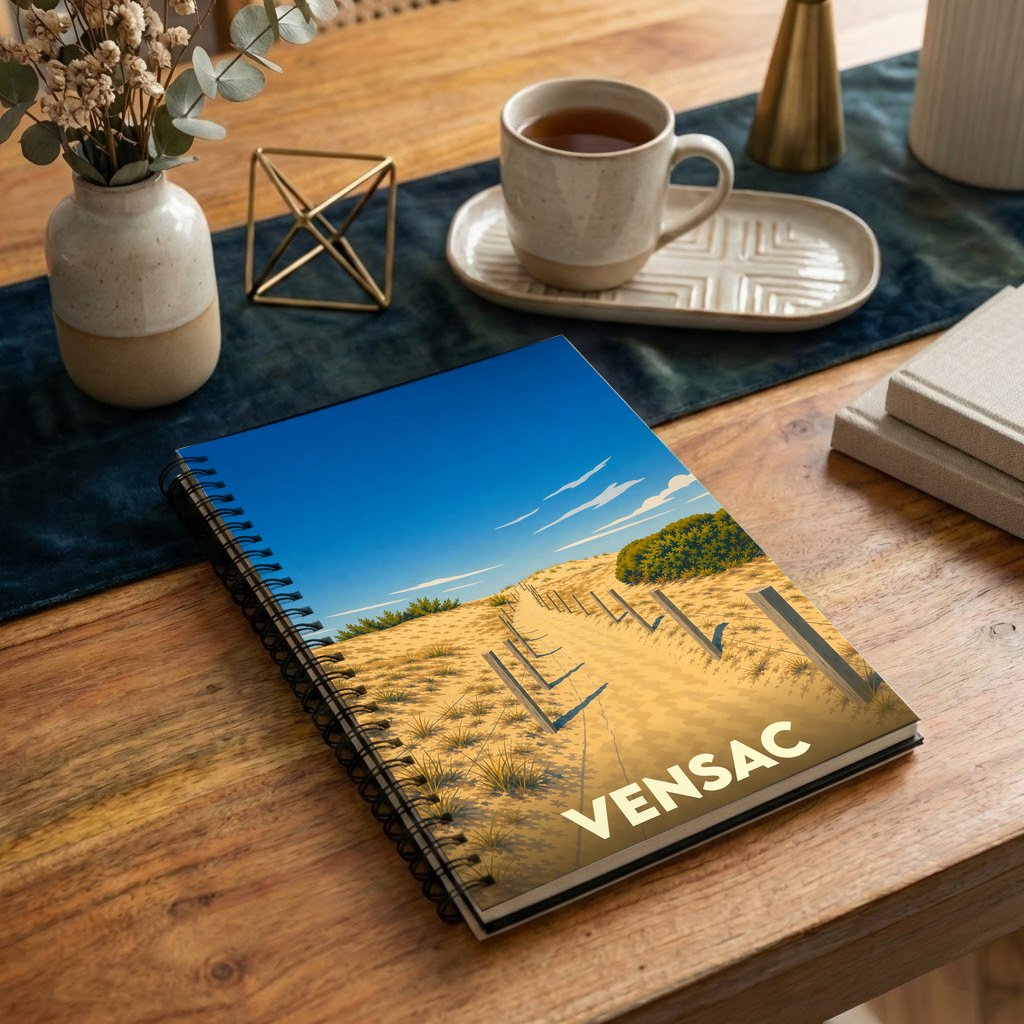 Carnet de notes à spirales souvenir de Vensac, illustré d'un paysage de dunes stylisé.