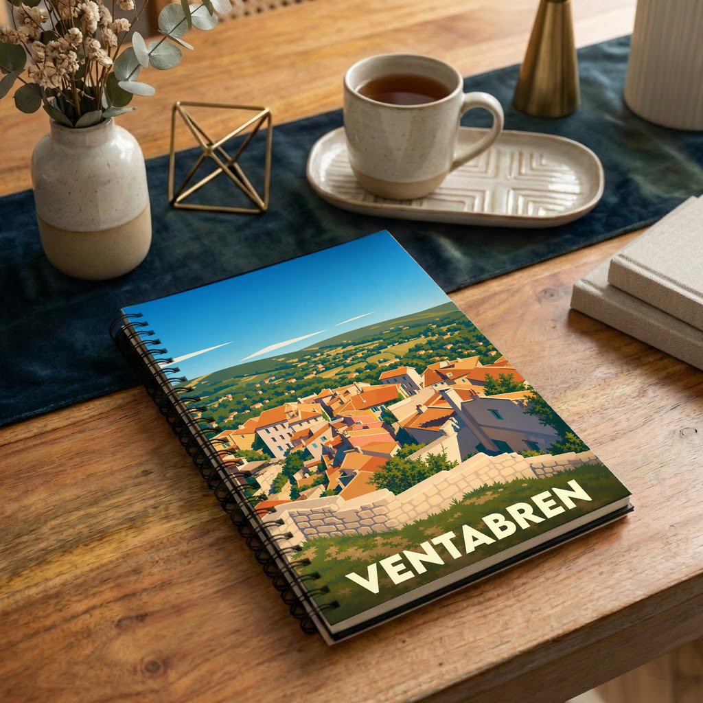Carnet à spirales souvenir de la ville de Ventabren avec une illustration stylisée de ses toits provençaux.