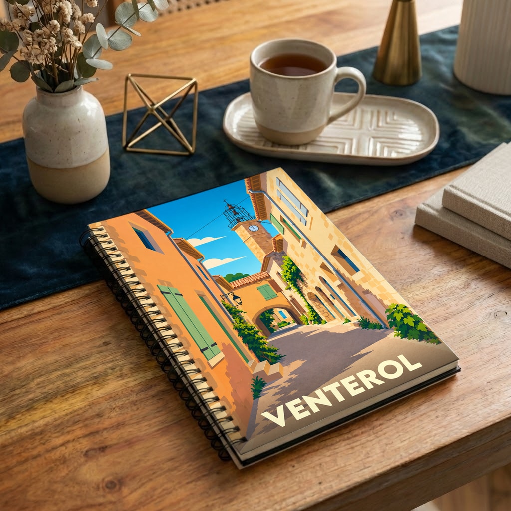 Carnet de notes à spirales souvenir de la ville de Venterol avec une illustration stylisée d'une ruelle provençale.