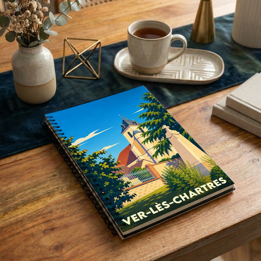 Carnet souvenir de la ville de Ver-lès-Chartres avec une illustration stylisée de son église.