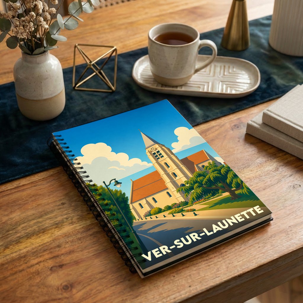 Carnet à spirales souvenir de la ville de Ver-sur-Launette avec une illustration stylisée de son église.