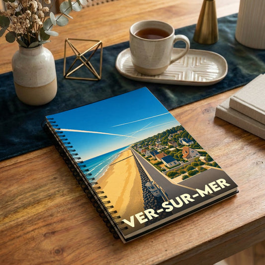 Carnet souvenir de la ville de Ver-sur-Mer avec une illustration stylisée du bord de mer.