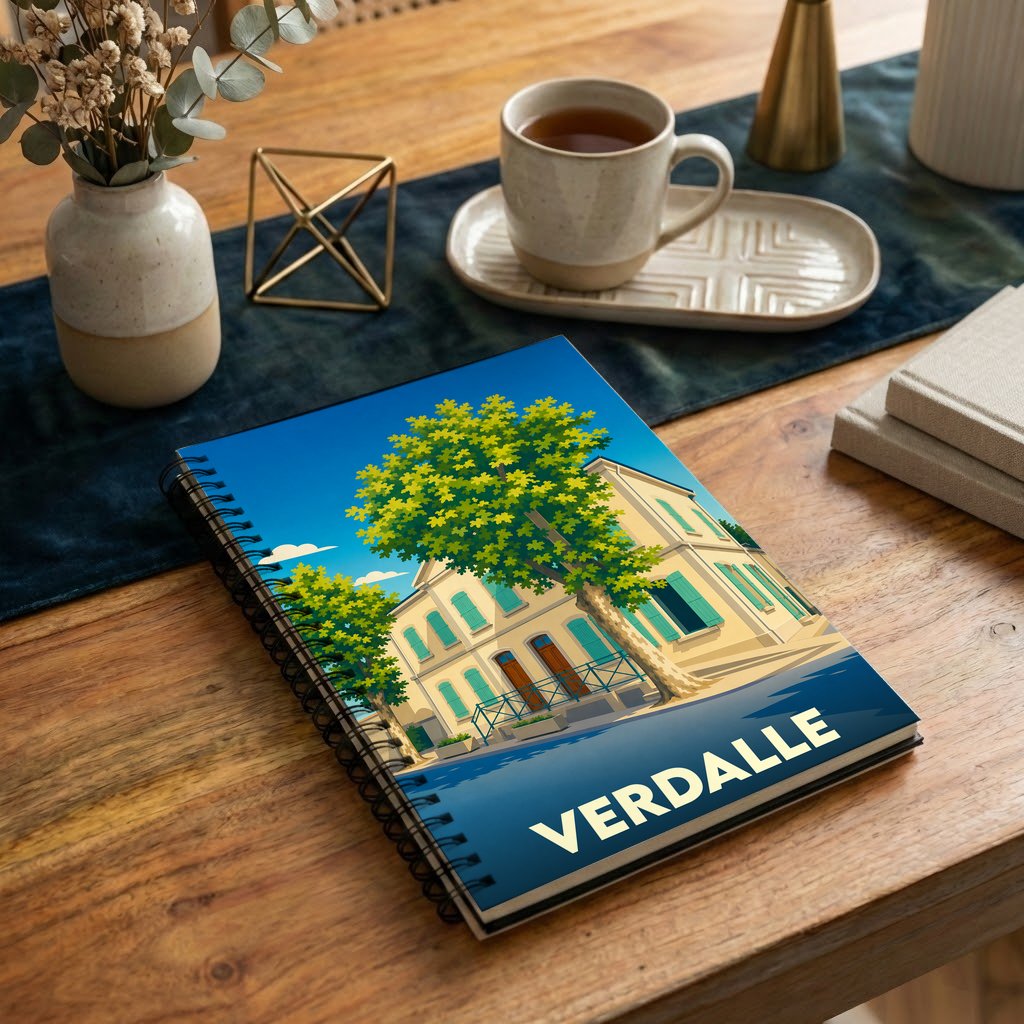 Carnet souvenir de la ville de Verdalle avec une illustration stylisée d'une maison ensoleillée.