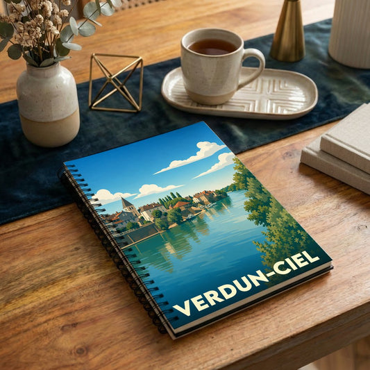 Carnet souvenir de la ville de Verdun-Ciel orné d'une illustration stylisée représentant un paysage fluvial.