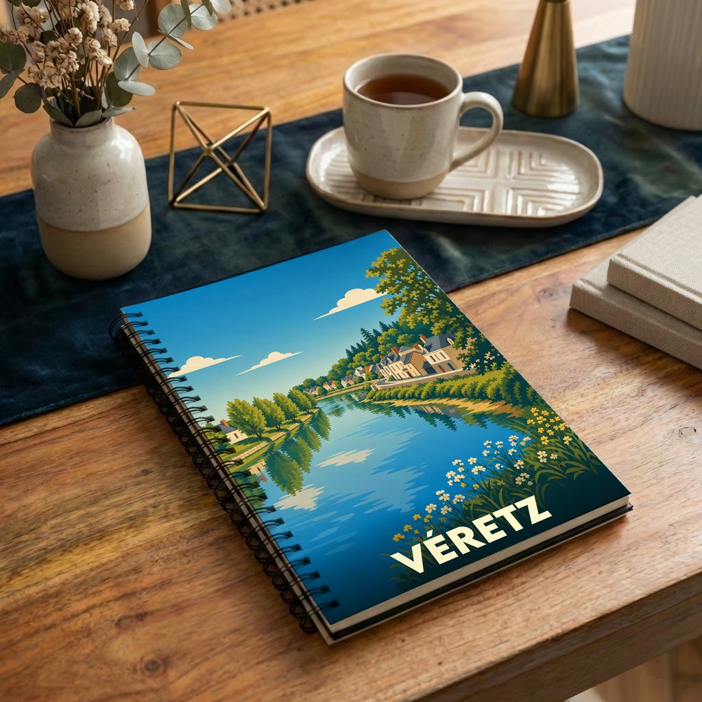 Carnet de notes à spirales souvenir de la ville de Véretz illustré d'un paysage fluvial stylisé.