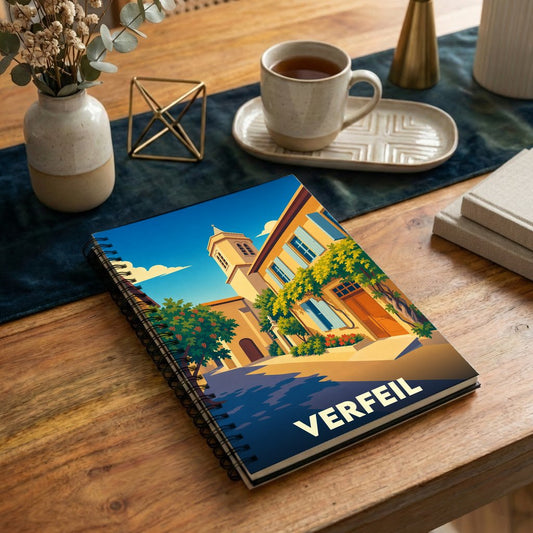 Carnet souvenir de la ville de Verfeil avec une illustration stylisée d'une rue ensoleillée.