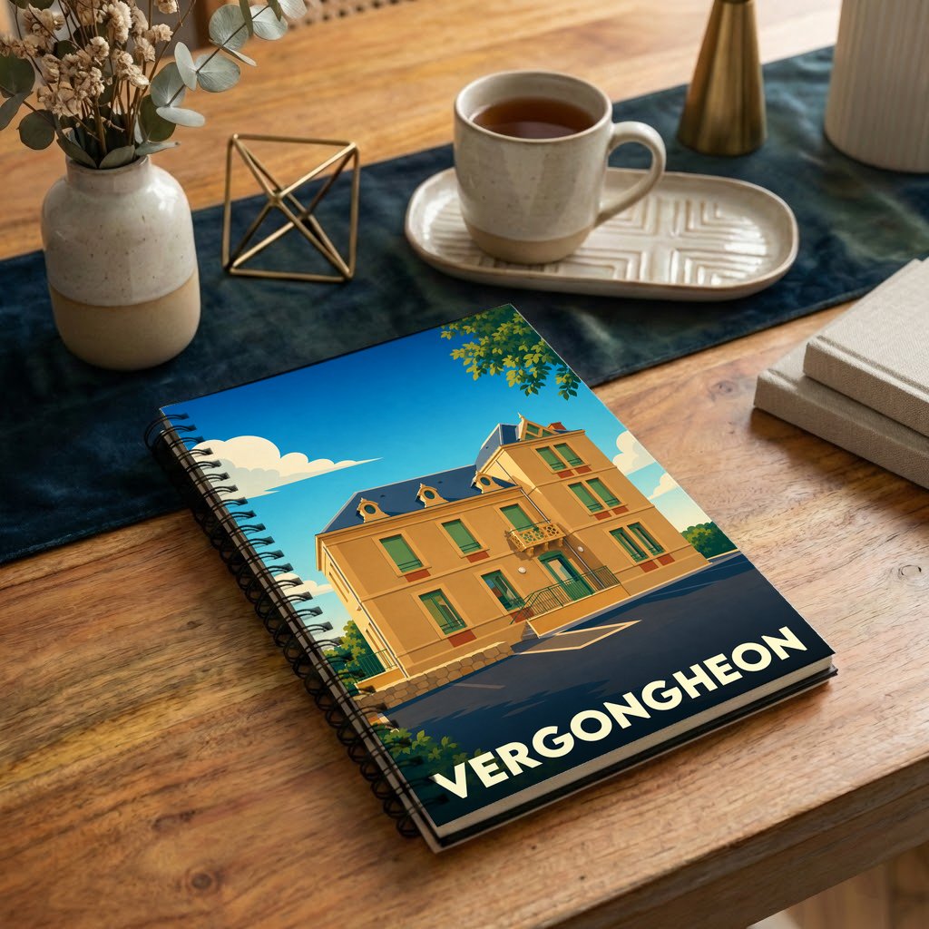 Carnet souvenir de la ville de Vergongheon avec une illustration stylisée d'une demeure bourgeoise sous un ciel bleu.