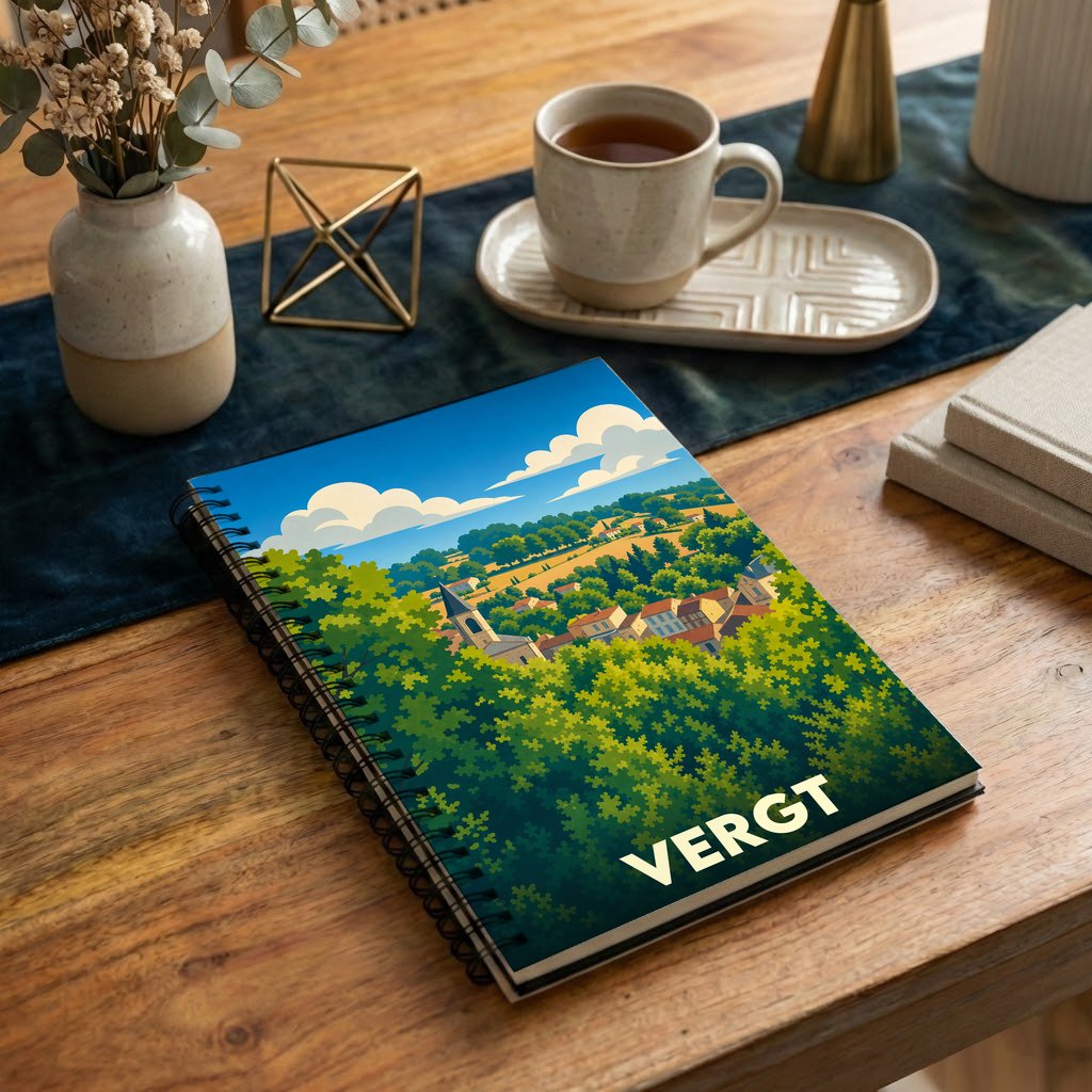 Carnet à spirales souvenir de la ville de Vergt avec une illustration stylisée de son paysage vallonné.