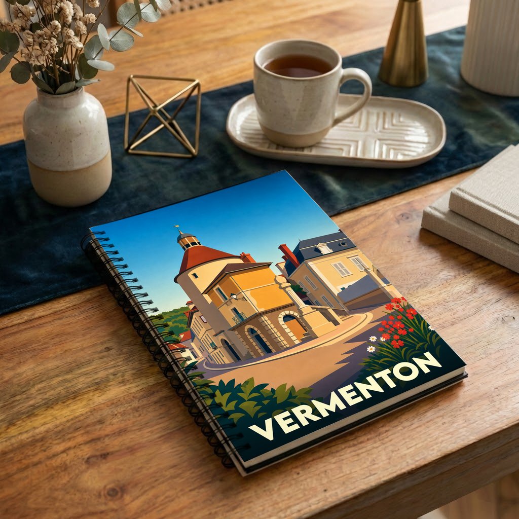 Carnet à spirales souvenir de la ville de Vermenton avec une illustration stylisée.