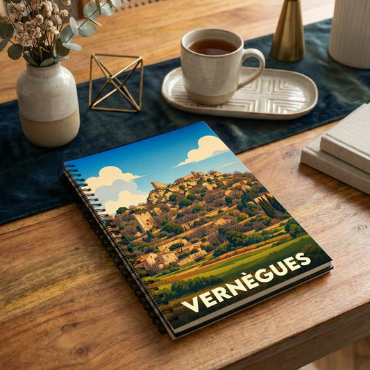 Carnet à spirales souvenir de la ville de Vernègues illustré par un paysage vallonné au style rétro.