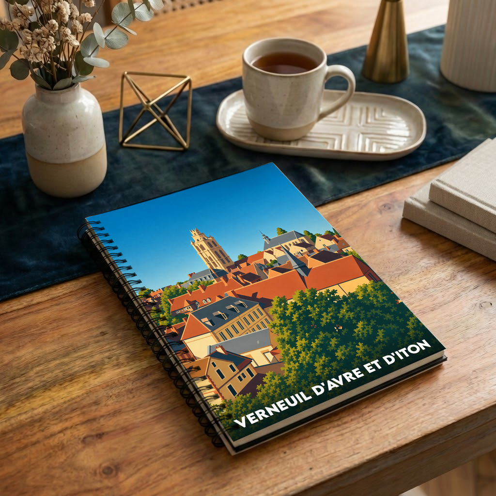 Carnet souvenir de la ville de Verneuil d'Avre et d'Iton avec une illustration stylisée de ses toits et son église.