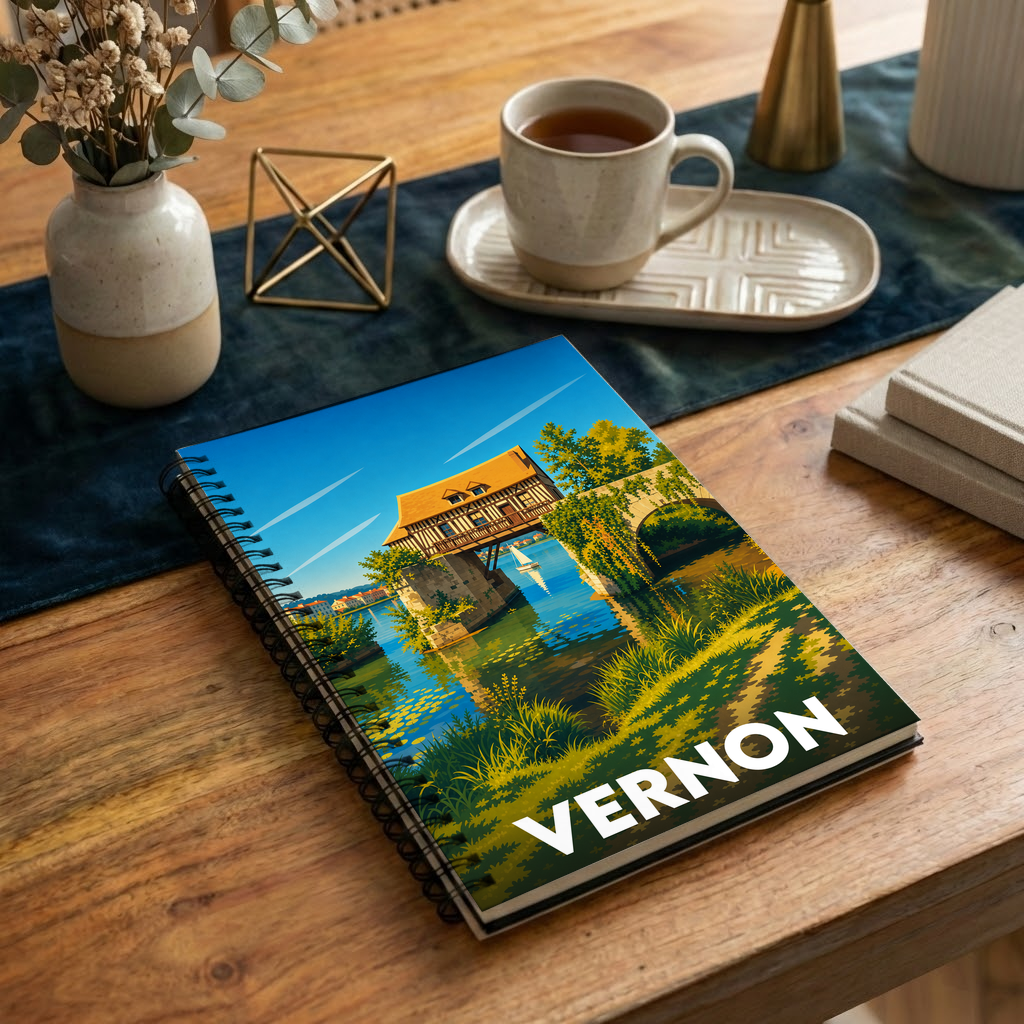 Carnet souvenir de la ville de Vernon avec une illustration stylisée de son célèbre vieux moulin.