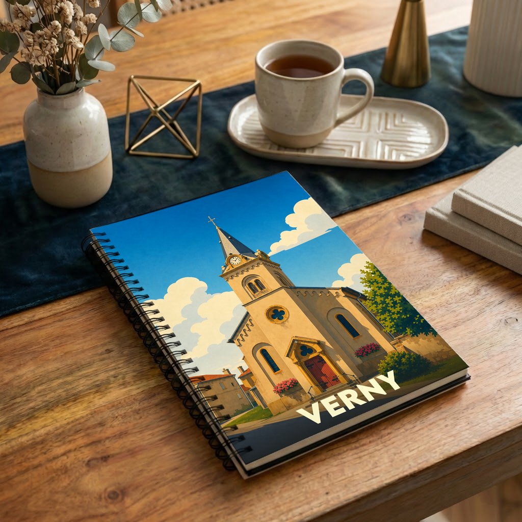 Carnet de notes souvenir de la ville de Verny avec une illustration stylisée de son église sous un ciel bleu.