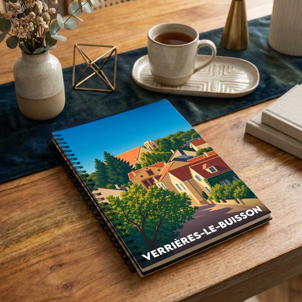 Carnet à spirales souvenir de la ville de Verrières-le-Buisson avec une illustration stylisée.