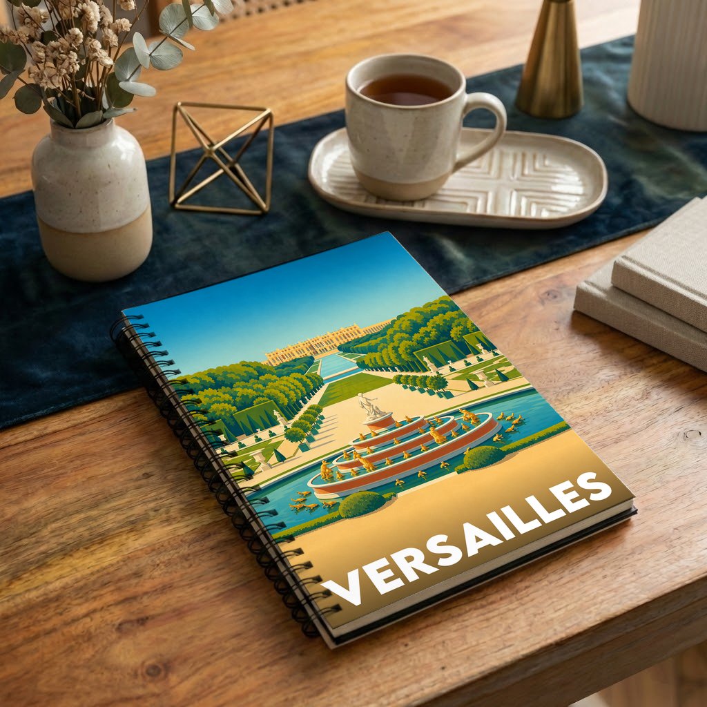 Carnet souvenir de la ville de Versailles avec une illustration stylisée de ses jardins.