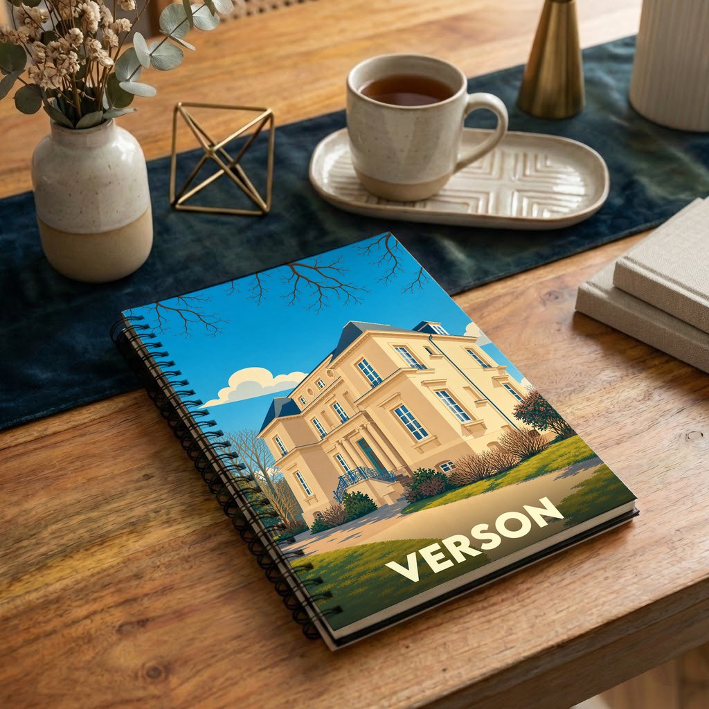 Carnet à spirales souvenir de la ville de Verson avec une illustration stylisée d'un manoir.