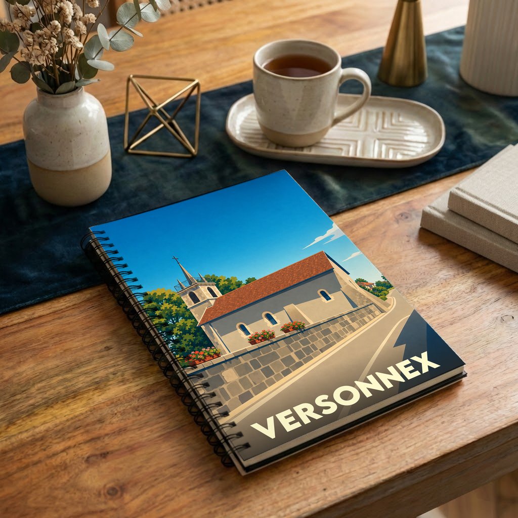 Carnet souvenir de la ville de Versonnex avec une illustration stylisée de son église.