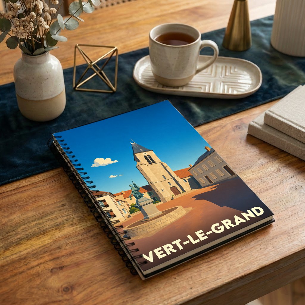 Carnet de notes à spirales souvenir de la ville de Vert-le-Grand avec une illustration stylisée de son église et de sa place.