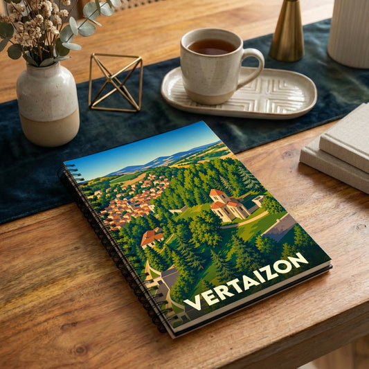 Carnet souvenir de la ville de Vertaizon avec une illustration stylisée de son paysage vallonné.