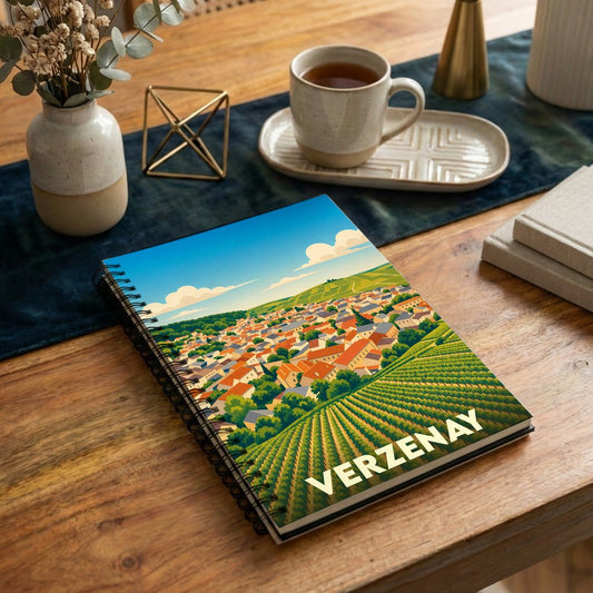 Carnet à spirales souvenir de la ville de Verzenay avec une illustration stylisée de son vignoble et de ses toits rouges.