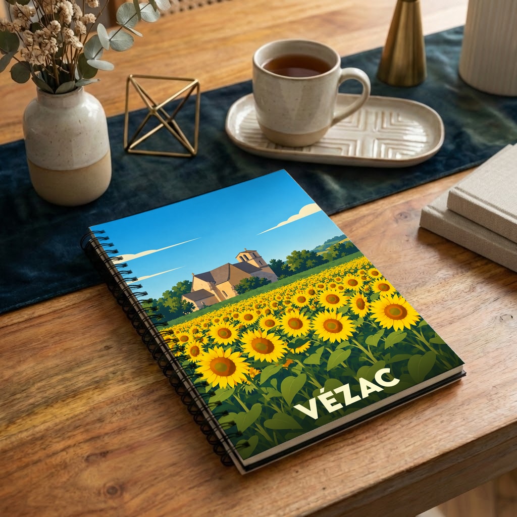 Carnet souvenir de la ville de Vézac illustré d'un champ de tournesols devant une église typique du Périgord.