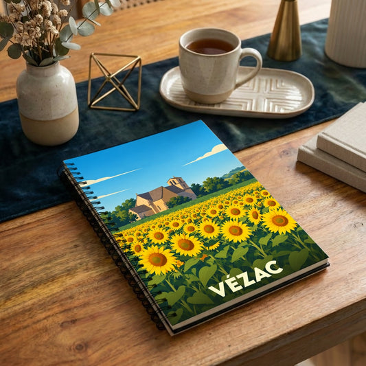 Carnet souvenir de la ville de Vézac illustré d'un champ de tournesols devant une église typique du Périgord.