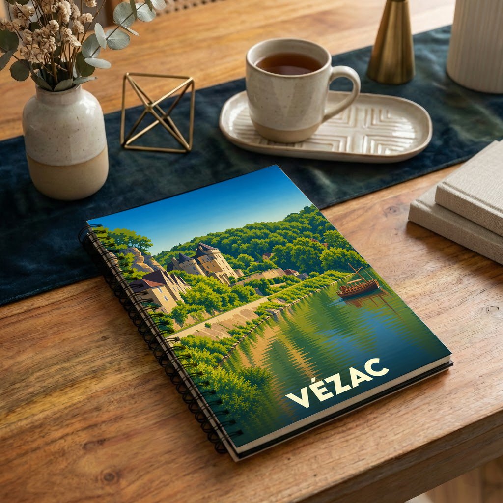 Carnet de notes souvenir de la ville de Vézac avec une illustration stylisée d'un château en bord de rivière.