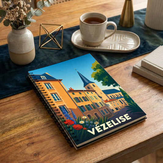 Carnet à spirales souvenir de la ville de Vézelise avec une illustration stylisée et colorée.