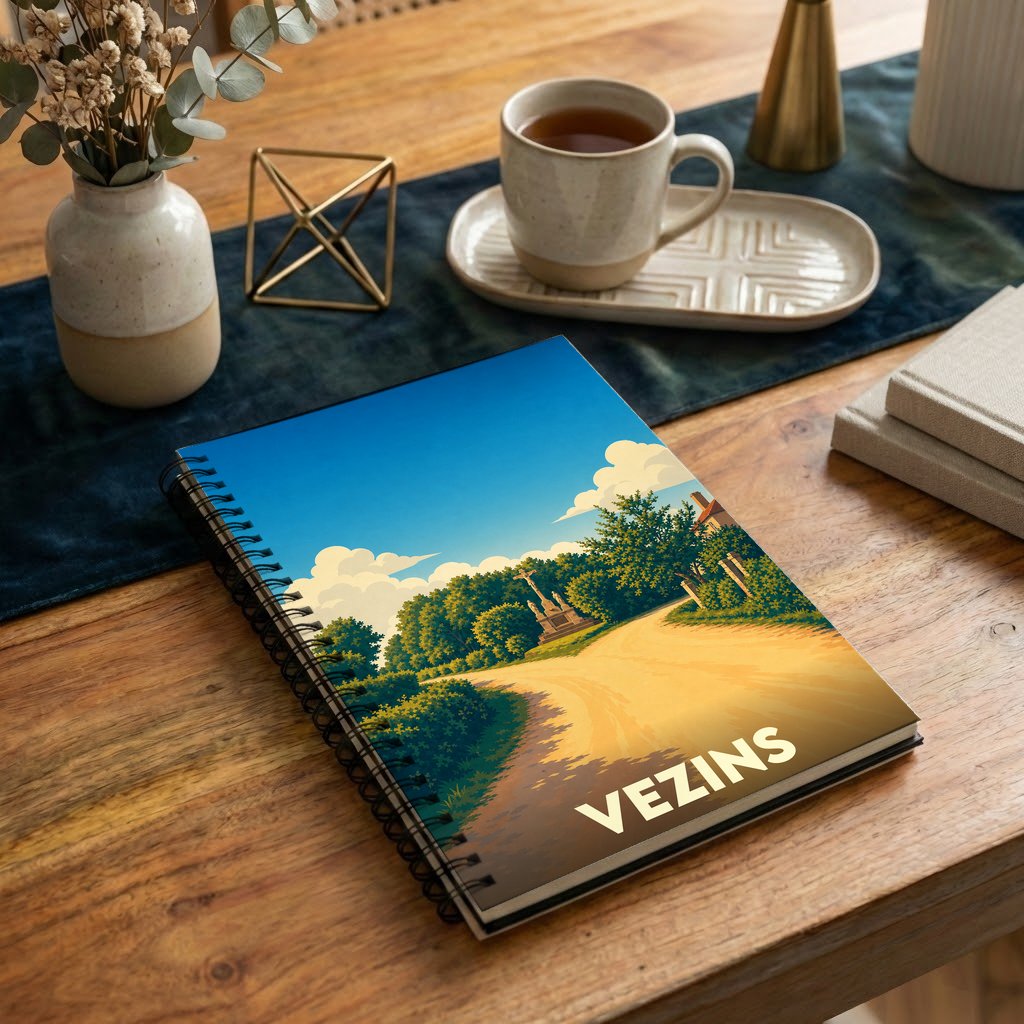 Carnet souvenir de la ville de Vezins avec une illustration stylisée d'un paysage de campagne.