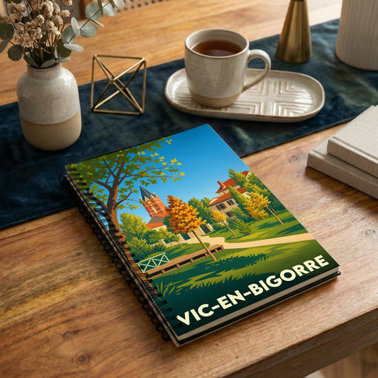 Carnet à spirales souvenir de la ville de Vic-en-Bigorre avec une illustration paysagère colorée et stylisée.
