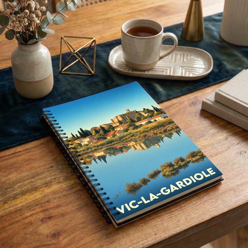 Carnet souvenir de la ville de Vic-la-Gardiole avec une illustration stylisée d'un paysage bord de l'eau.