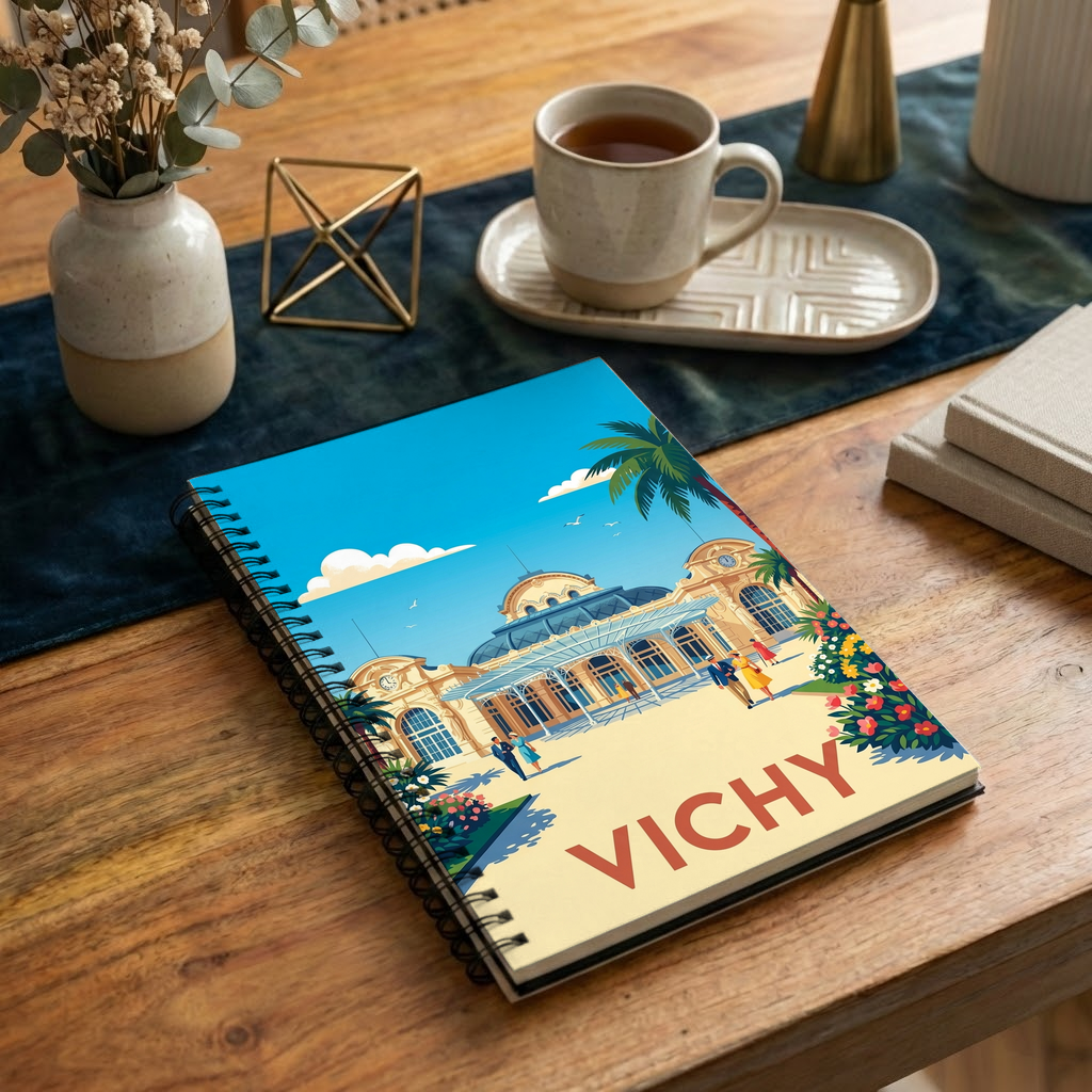 Carnet à spirale souvenir de la ville de Vichy avec une illustration stylisée.