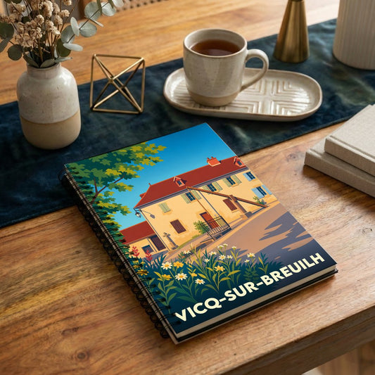 Carnet souvenir de la ville de Vicq-sur-Breuilh avec une illustration stylisée colorée.