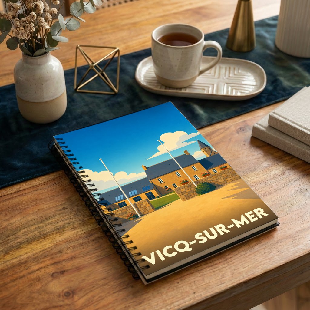 Carnet souvenir de la ville de Vicq-sur-Mer avec une illustration stylisée.