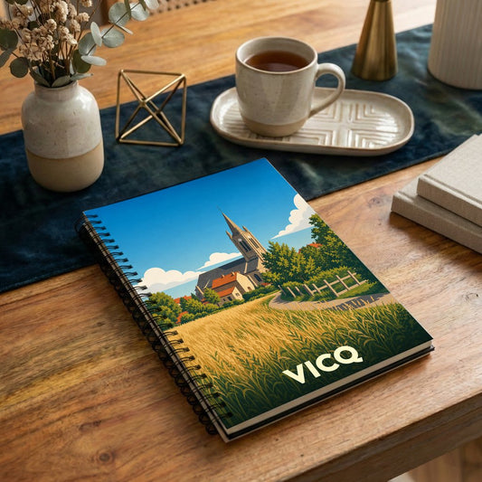 Carnet à spirales souvenir de la ville de Vicq avec une illustration stylisée de son église et des champs.