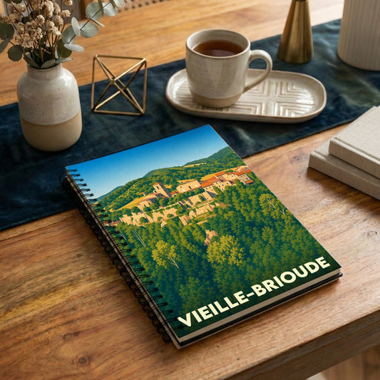 Carnet de notes à spirales souvenir de la ville de Vieille-Brioude avec une illustration stylisée d'un village perché.