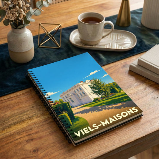 Carnet à spirales souvenir de la commune de Viels-Maisons avec une illustration stylisée de son château et de ses jardins.