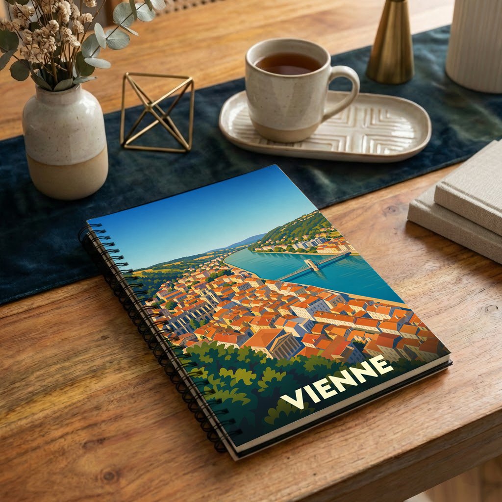 Carnet souvenir de la ville de Vienne avec une illustration stylisée de ses toits et du Rhône.