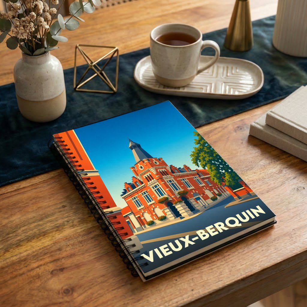 Carnet à spirales souvenir de la ville de Vieux-Berquin avec une illustration architecturale stylisée.