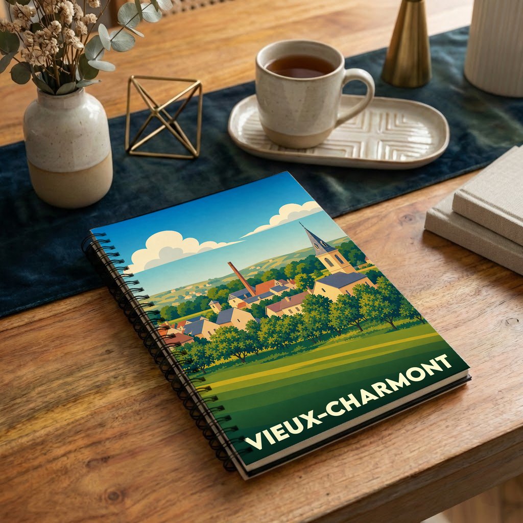 Carnet souvenir de la ville de Vieux-Charmont avec une illustration stylisée de son paysage urbain.