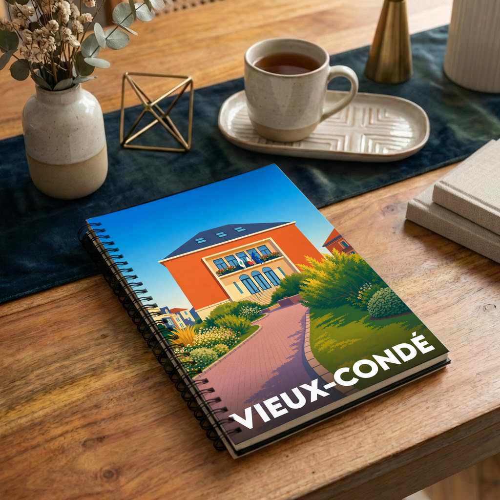 Carnet souvenir à spirale de la ville de Vieux-Condé avec une illustration colorée de l'hôtel de ville.