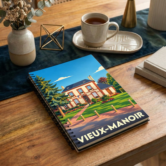 Carnet souvenir de la ville de Vieux-Manoir avec une illustration stylisée d'une demeure normande.
